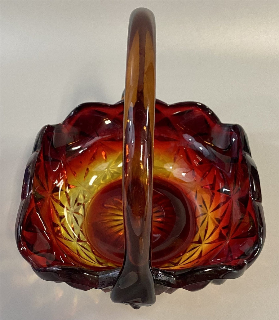 Square Star Cut Vintage Amberina Indiana Glass Basket Design Candy or Nut Dish