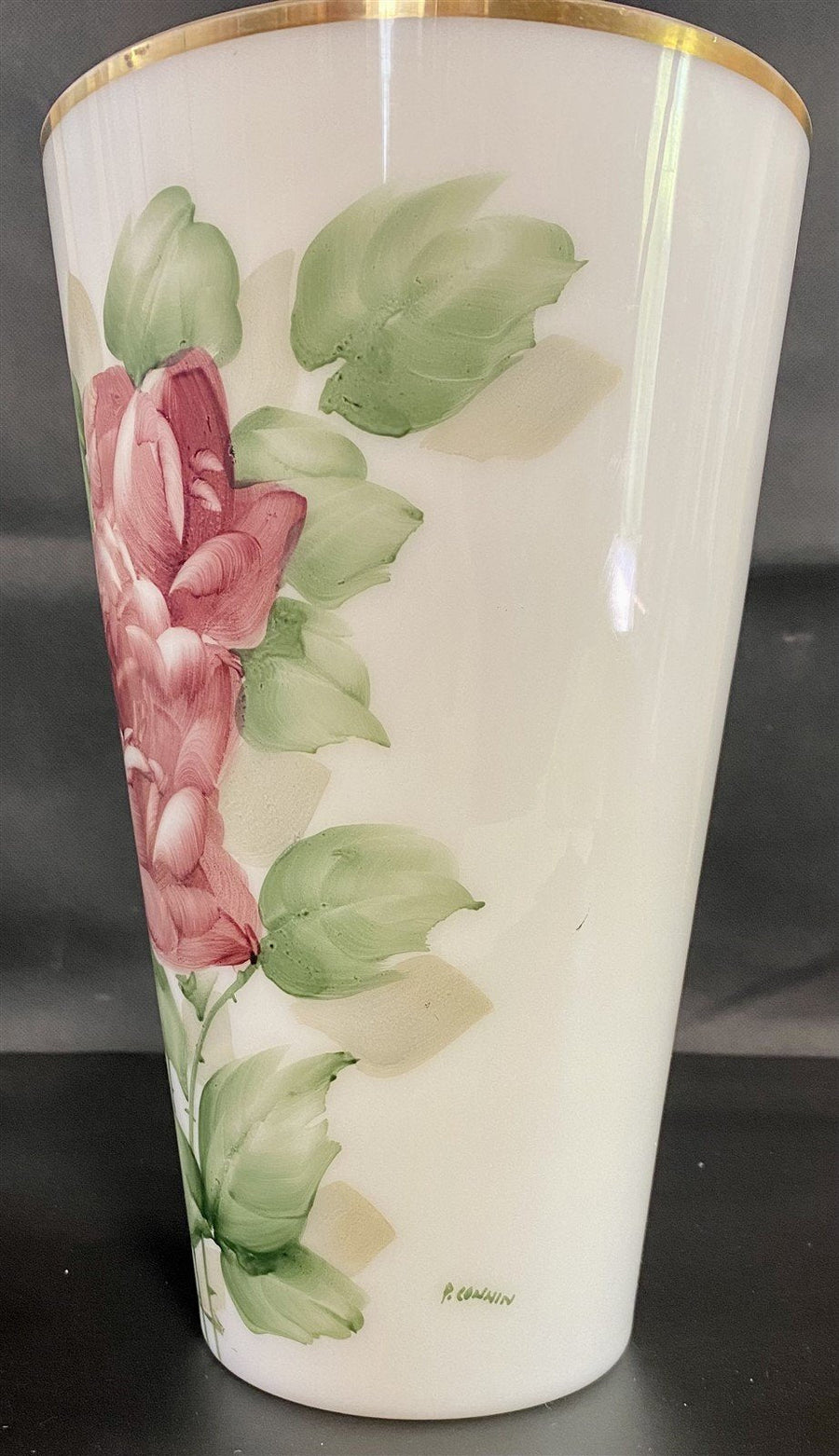 RARE Pittsburgh Lamp and Glass Hand Painted and Signed Large Rose Patterned Vase