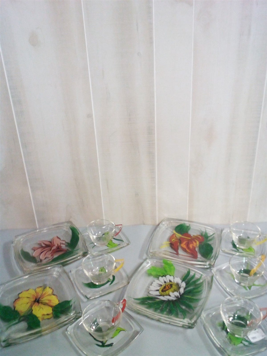 Hand Painted Glass Garden Lunch Set Cottage Chic 21pcs