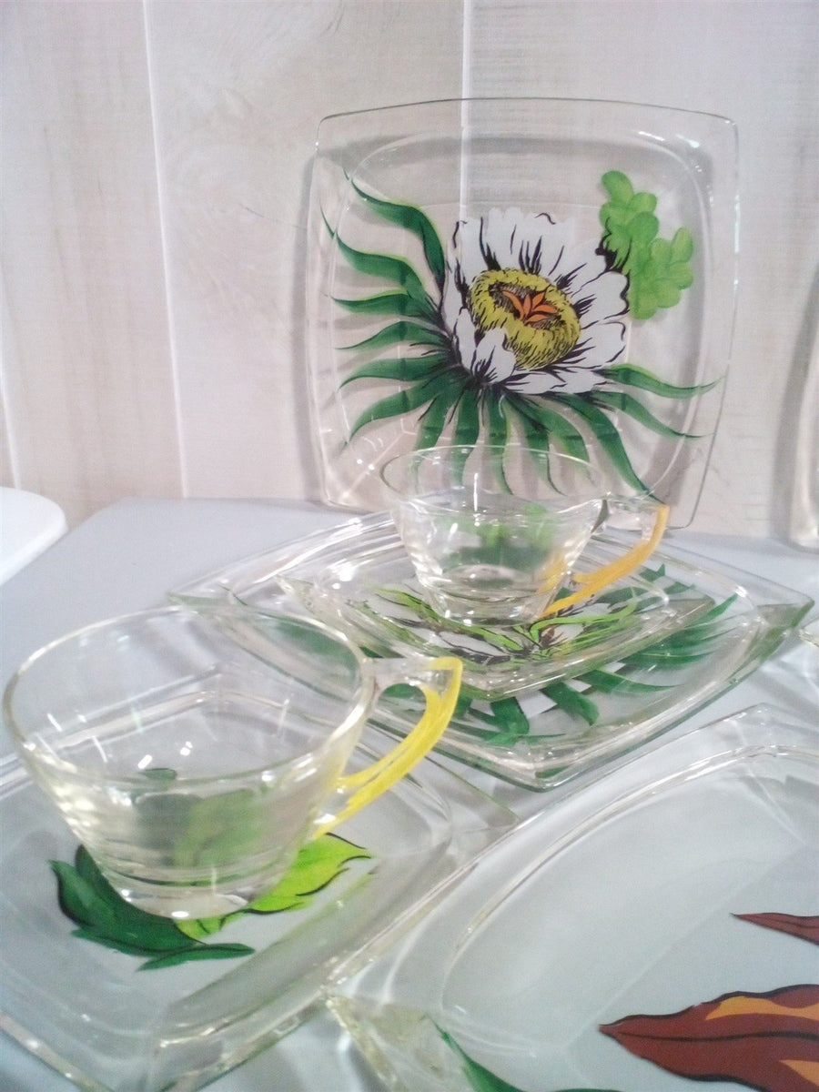 Hand Painted Glass Garden Lunch Set Cottage Chic 21pcs