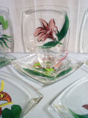 Hand Painted Glass Garden Lunch Set Cottage Chic 21pcs