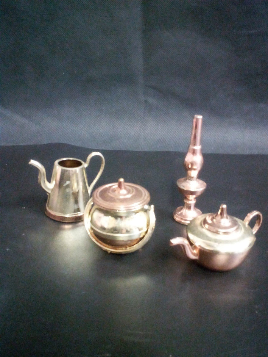 Brass 4pc Miniature Set With Teapot Kettles And Finial Collectible