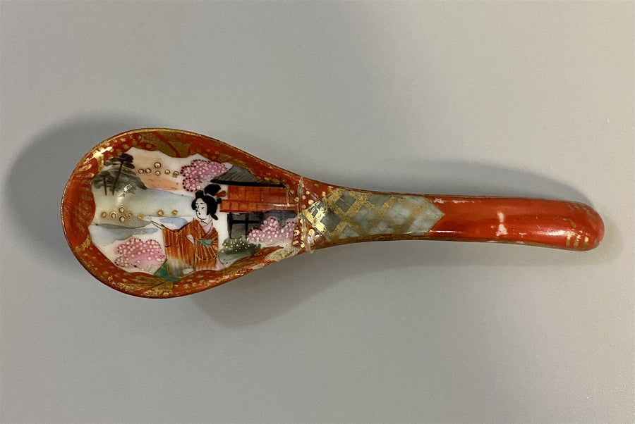 Antique Ornate Japanese Kutani Porcelain Geisha Cherry Blossom Bowl and Spoon