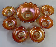 Vintage Iridescent Orange Crackle Carnival Glass Berry / Fruit Salad Bowl Set