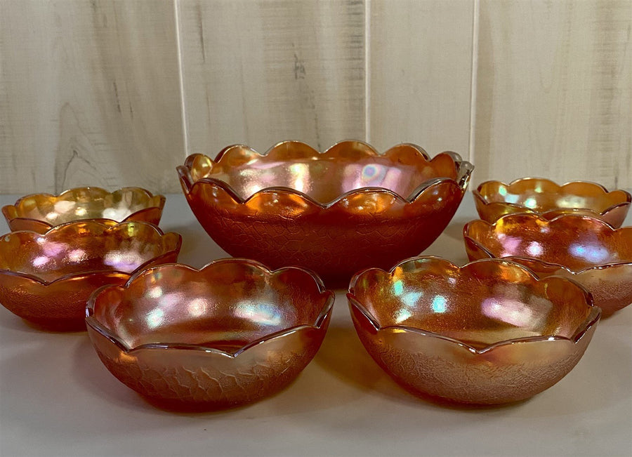 Vintage Iridescent Orange Crackle Carnival Glass Berry / Fruit Salad Bowl Set