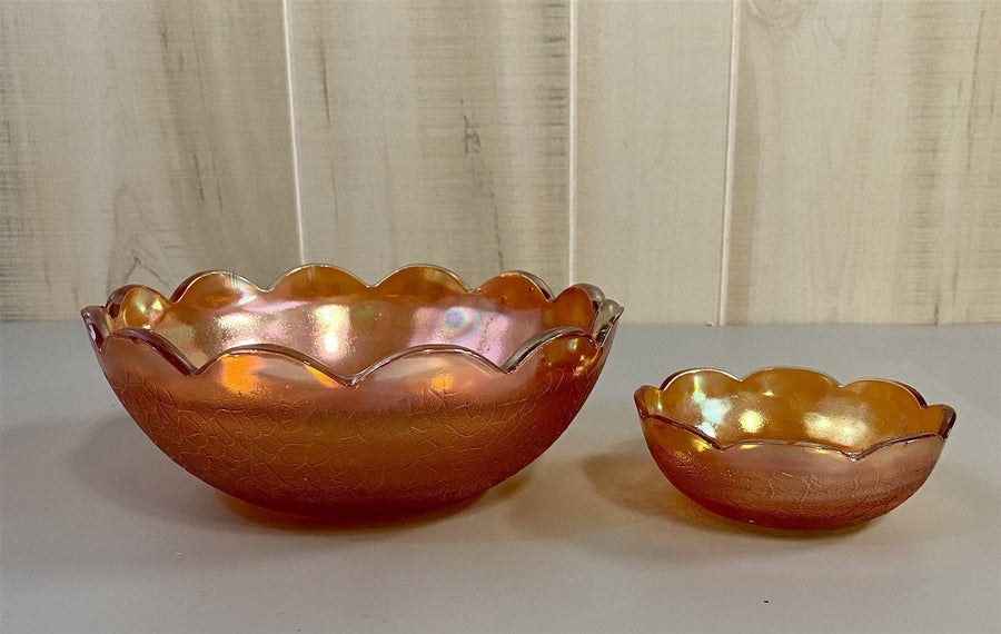 Vintage Iridescent Orange Crackle Carnival Glass Berry / Fruit Salad Bowl Set