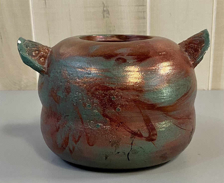 Hand / Wheel Thrown Clay Pottery Iridescent Glazed Bird Etched Jug Style Vase