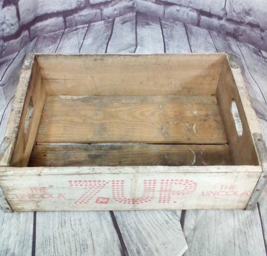 7UP Vintage Wooden Carry Crate White And Red With Galvanized Metal Straps