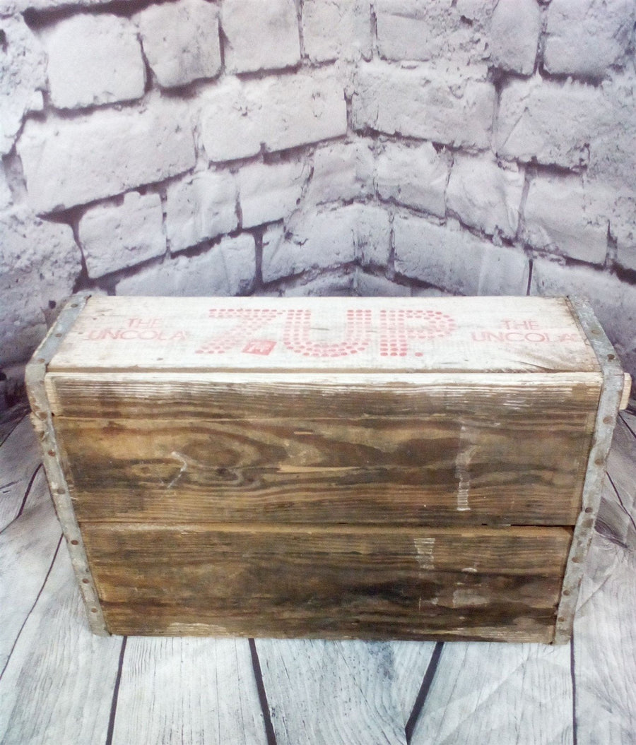 7UP Vintage Wooden Carry Crate White And Red With Galvanized Metal Straps