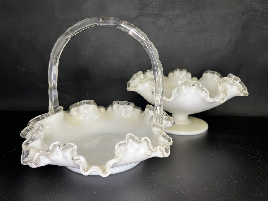 Vintage Fenton (?) Glass Art Silver Crest Pedestal Candy Dish / Bowl and Basket