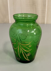 Anchor Hocking Mid Century Miniature Green Glass Gold Detail Painted Bud Vase