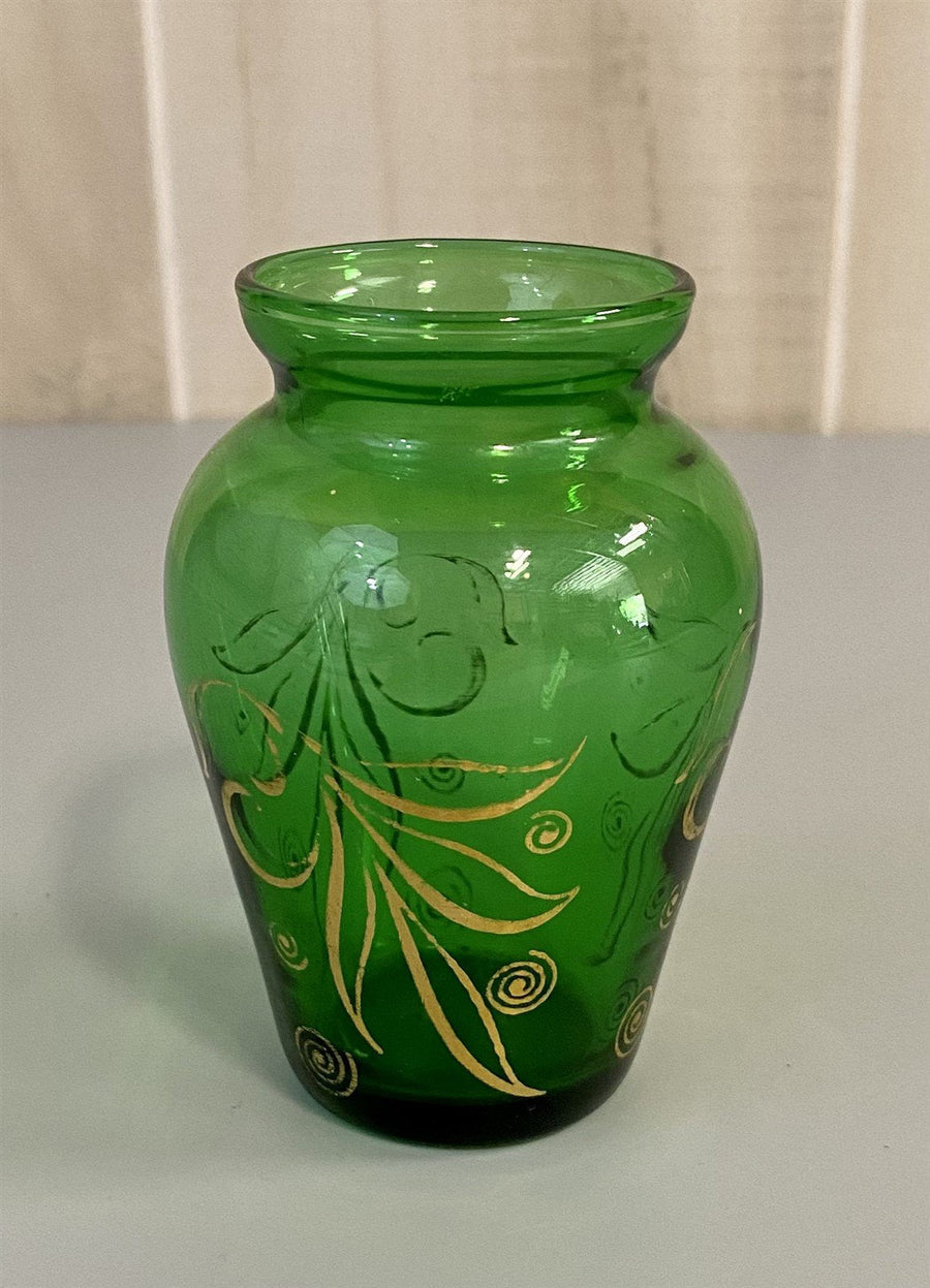 Anchor Hocking Mid Century Miniature Green Glass Gold Detail Painted Bud Vase