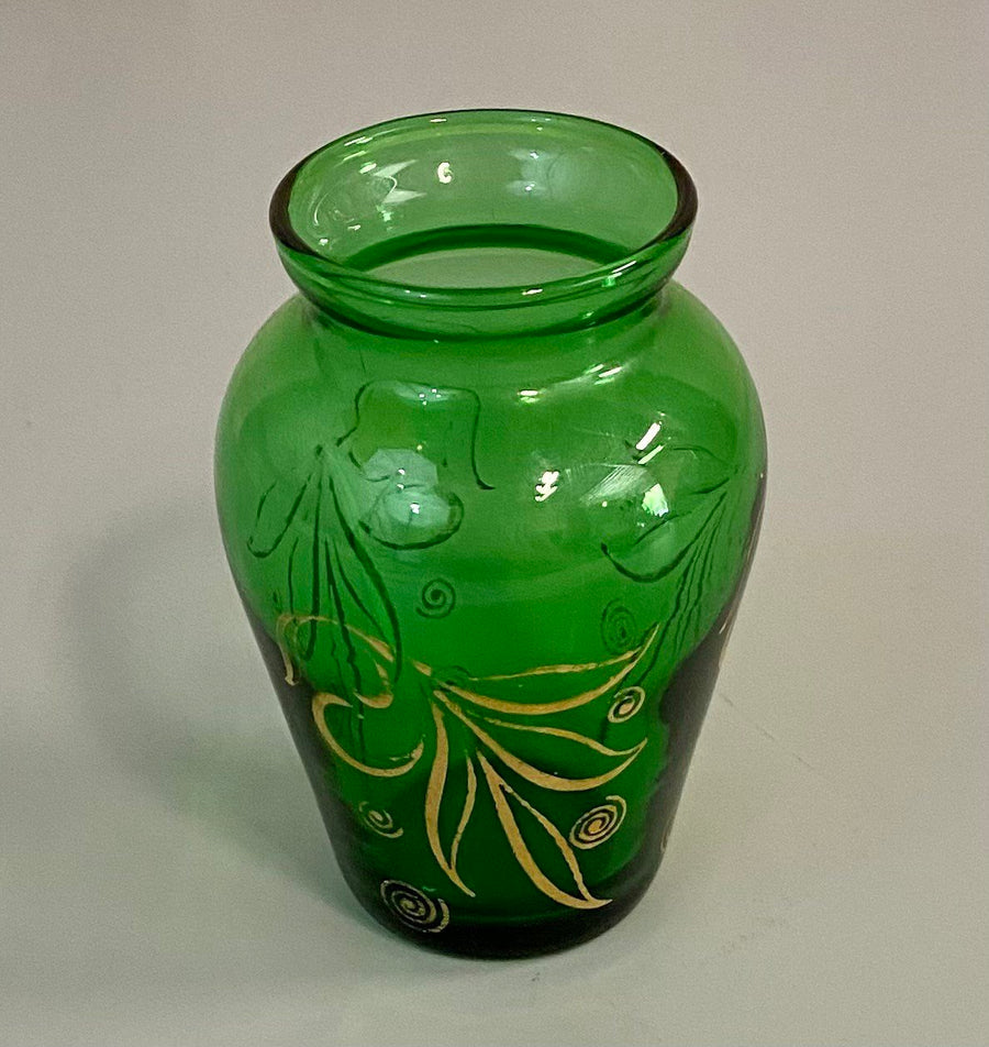 Anchor Hocking Mid Century Miniature Green Glass Gold Detail Painted Bud Vase