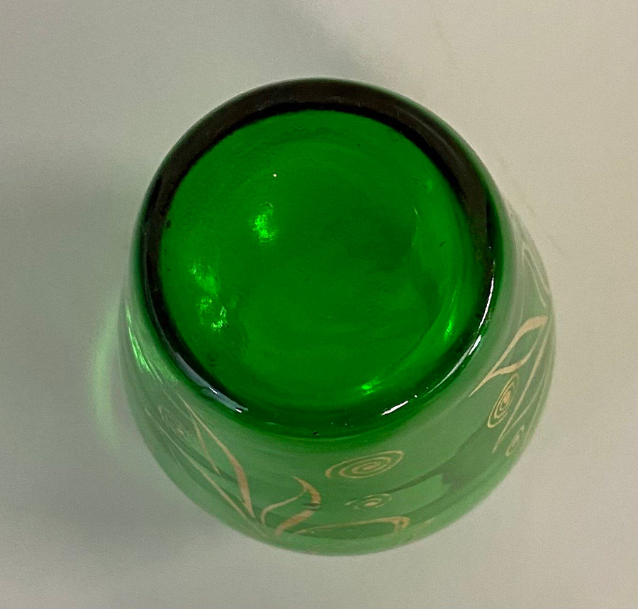 Anchor Hocking Mid Century Miniature Green Glass Gold Detail Painted Bud Vase