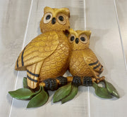 1975 MCM Vintage Homco #7403 Goldenrod Yellow Owls on a Tree Branch Wall Hanging