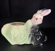 Mid Century Modern Black 1950s Rare Bunny Rabbit and Head of Cabbage Planter