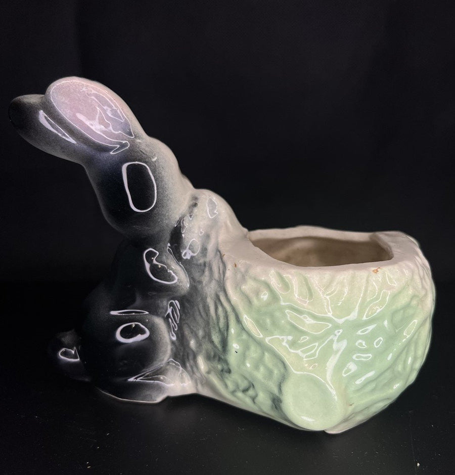 Mid Century Modern Black 1950s Rare Bunny Rabbit and Head of Cabbage Planter