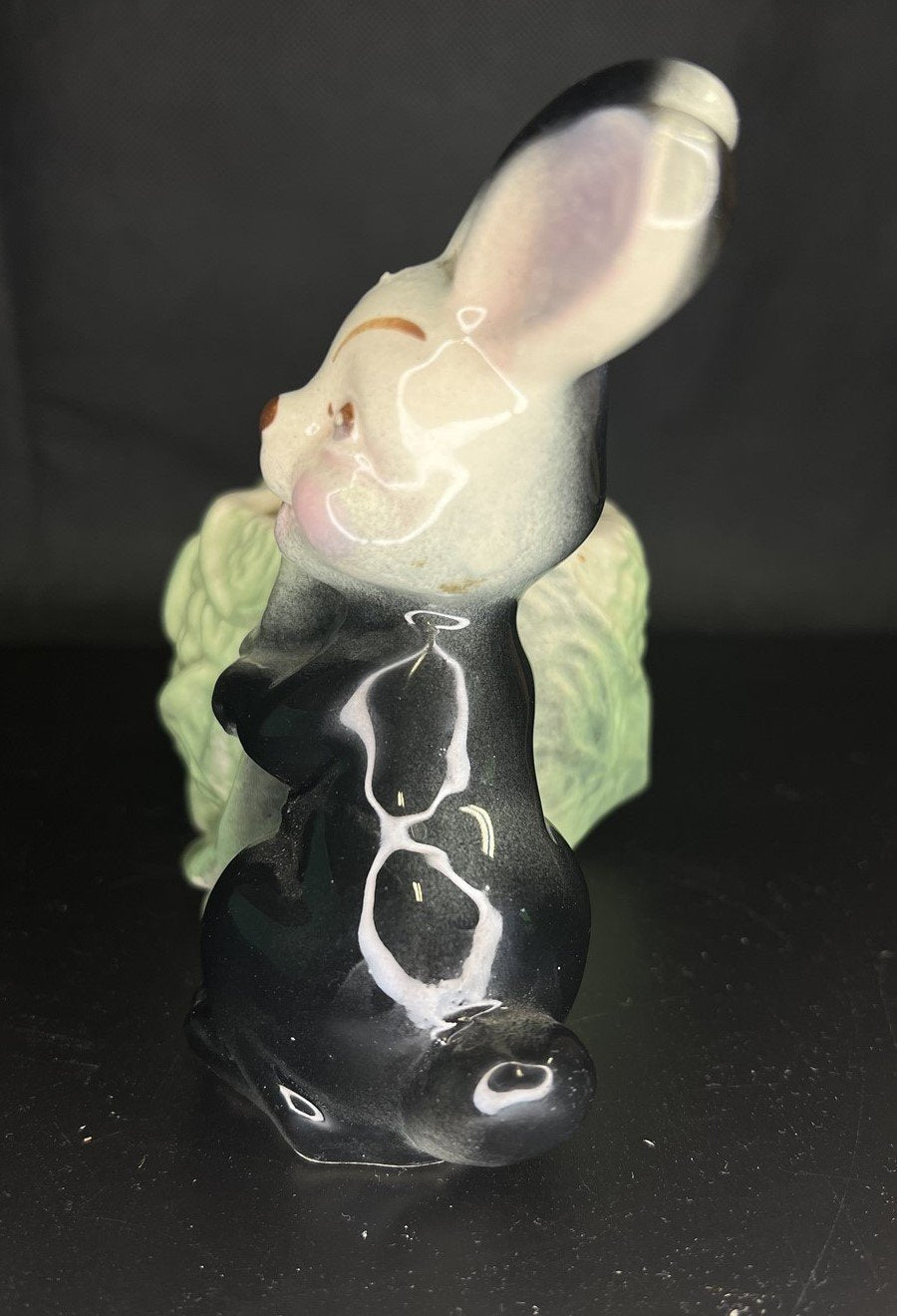 Mid Century Modern Black 1950s Rare Bunny Rabbit and Head of Cabbage Planter