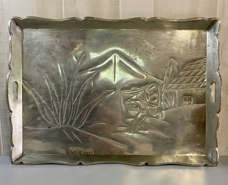 Hand Engraved Aluminum Restaurant Server Style / Butler Serving Tray with Stand