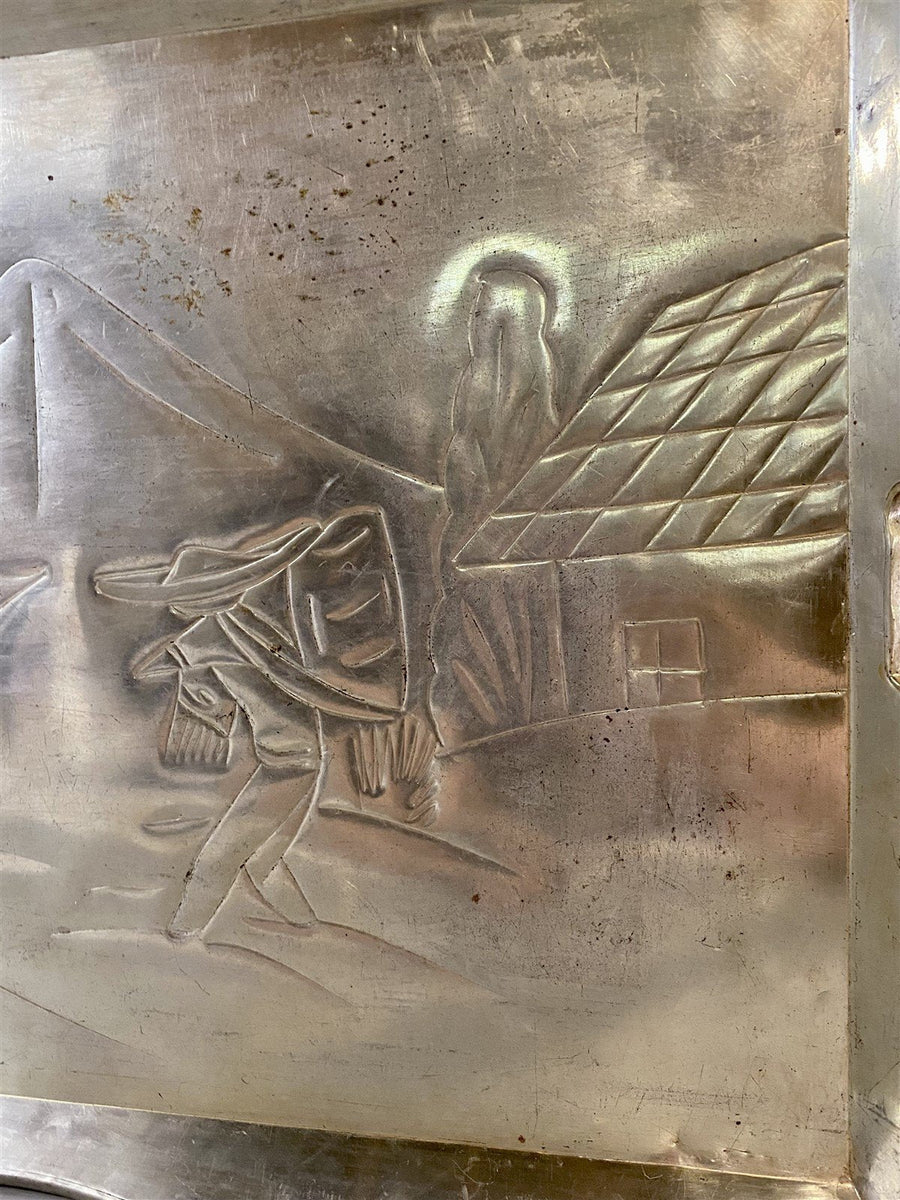 Hand Engraved Aluminum Restaurant Server Style / Butler Serving Tray with Stand