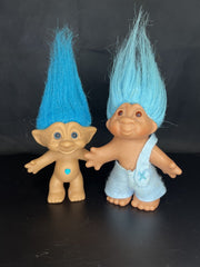 Set of Two Blue Troll Dolls Ace Novelty Co. and DAM 2005 One Shoulder Overalls