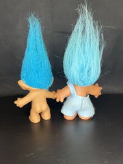 Set of Two Blue Troll Dolls Ace Novelty Co. and DAM 2005 One Shoulder Overalls