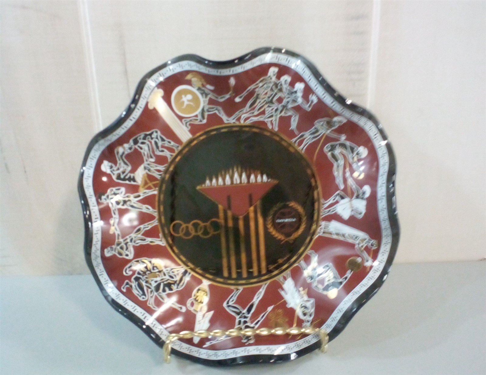 Greek Ruffled Bowl Olympic Motif Signed Dan Baird MCM Design Smoked Glass