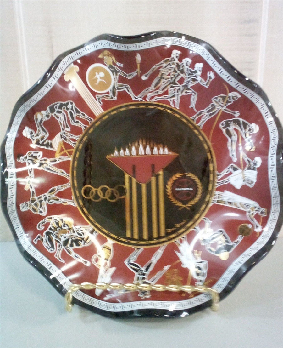 Greek Ruffled Bowl Olympic Motif Signed Dan Baird MCM Design Smoked Glass