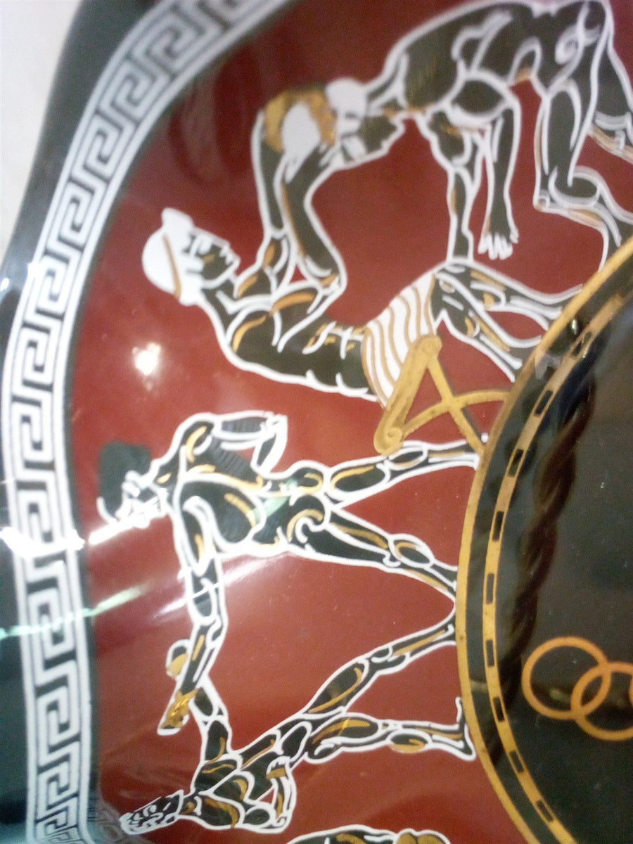 Greek Ruffled Bowl Olympic Motif Signed Dan Baird MCM Design Smoked Glass