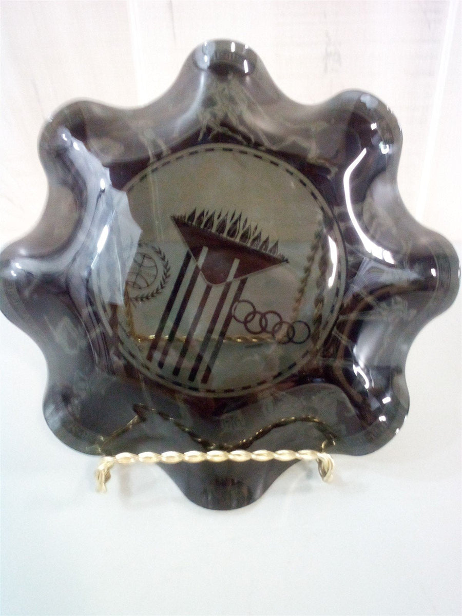 Greek Ruffled Bowl Olympic Motif Signed Dan Baird MCM Design Smoked Glass