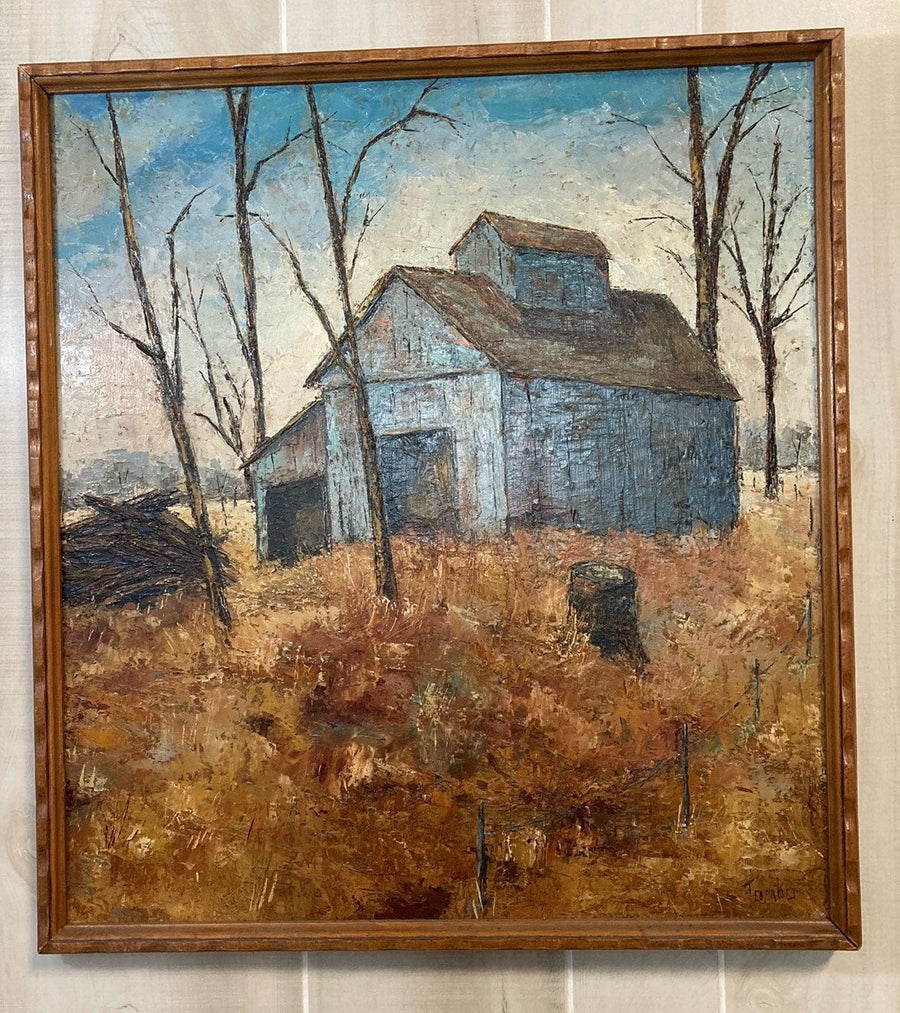 Mcm Mid Century Acrylic Old Barnhouse Painting In Wooden Frame Signed Tomko