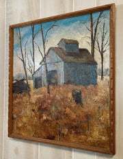 Mcm Mid Century Acrylic Old Barnhouse Painting In Wooden Frame Signed Tomko