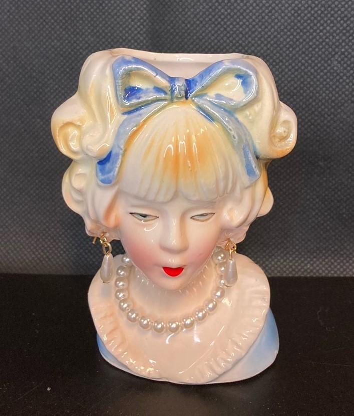 Vintage MidCentury Lady Head Vase With Blue Bow Pearls Made In Japan