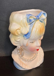 Vintage MidCentury Lady Head Vase With Blue Bow Pearls Made In Japan