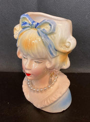 Vintage MidCentury Lady Head Vase With Blue Bow Pearls Made In Japan