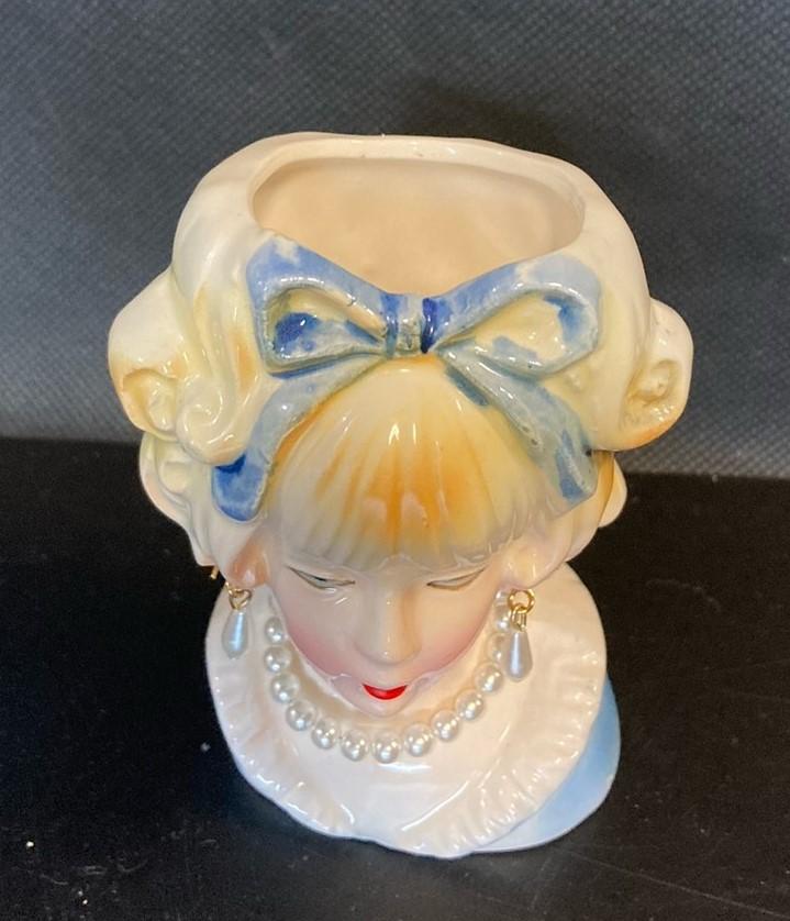 Vintage MidCentury Lady Head Vase With Blue Bow Pearls Made In Japan