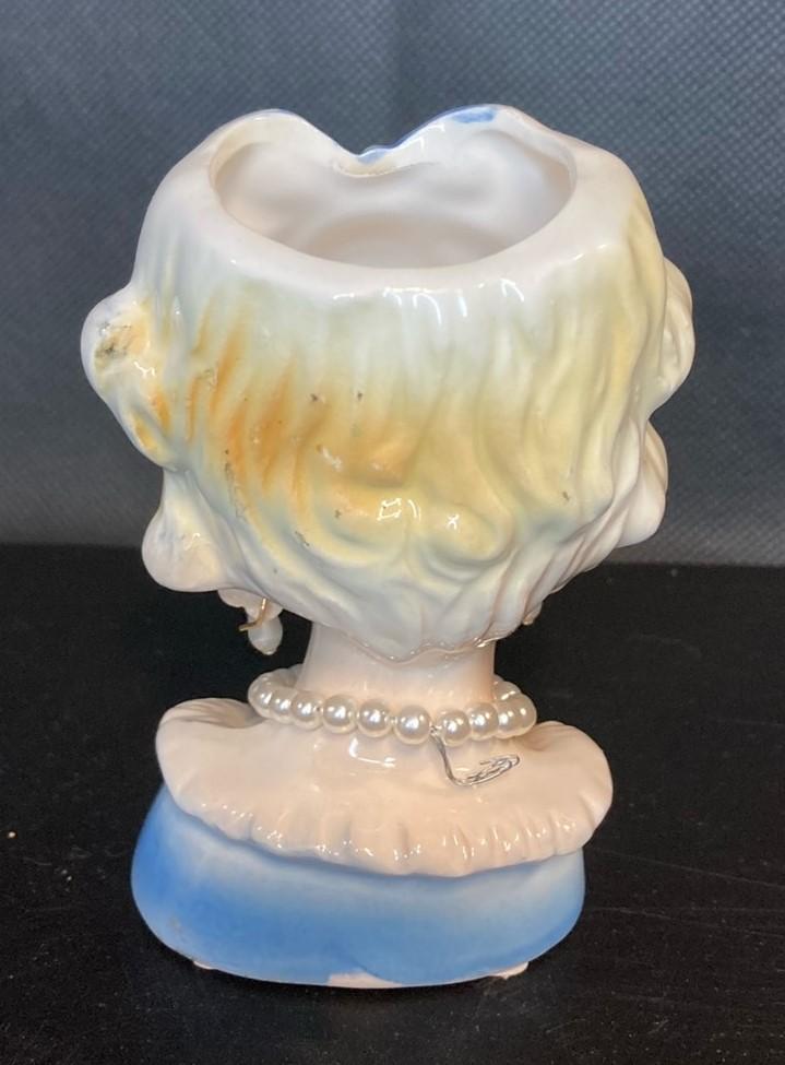 Vintage MidCentury Lady Head Vase With Blue Bow Pearls Made In Japan