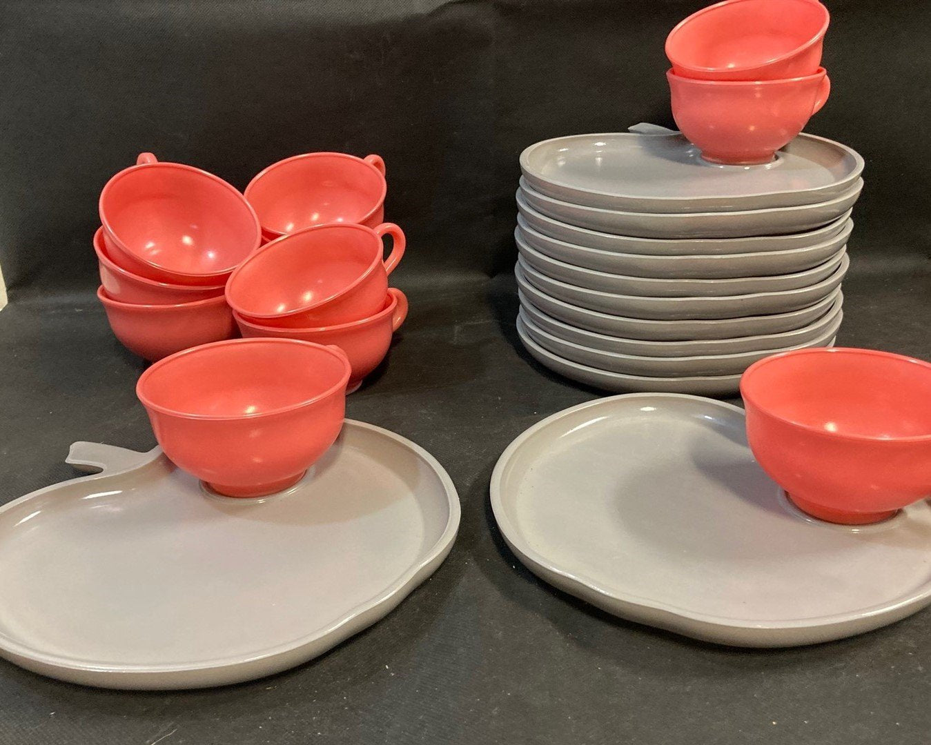 Vintage Rare Hazel Atlas Gray Milk Glass Apple Snack Plate w/ Pink Cup Set of 12