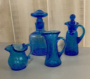 4 Misc. Pc. Vintage Unbranded Cobalt Blue Crackle Glass Pitcher and Decanter Set