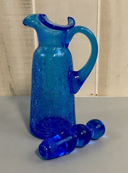 4 Misc. Pc. Vintage Unbranded Cobalt Blue Crackle Glass Pitcher and Decanter Set