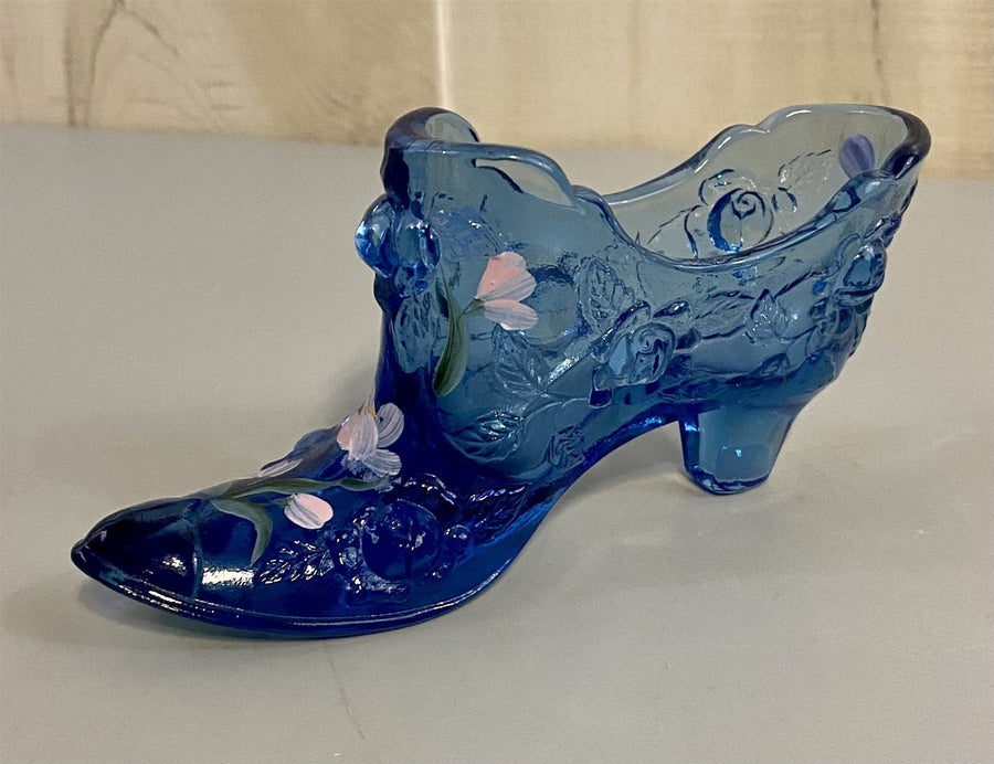 1991 Vintage Fenton Cobalt Blue Glass Hand Painted Floral Design Decorative Shoe