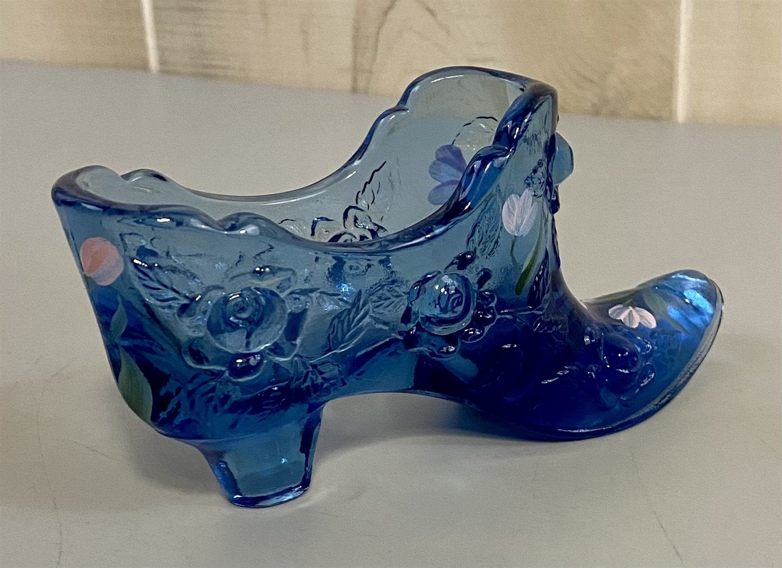 1991 Vintage Fenton Cobalt Blue Glass Hand Painted Floral Design Decorative Shoe