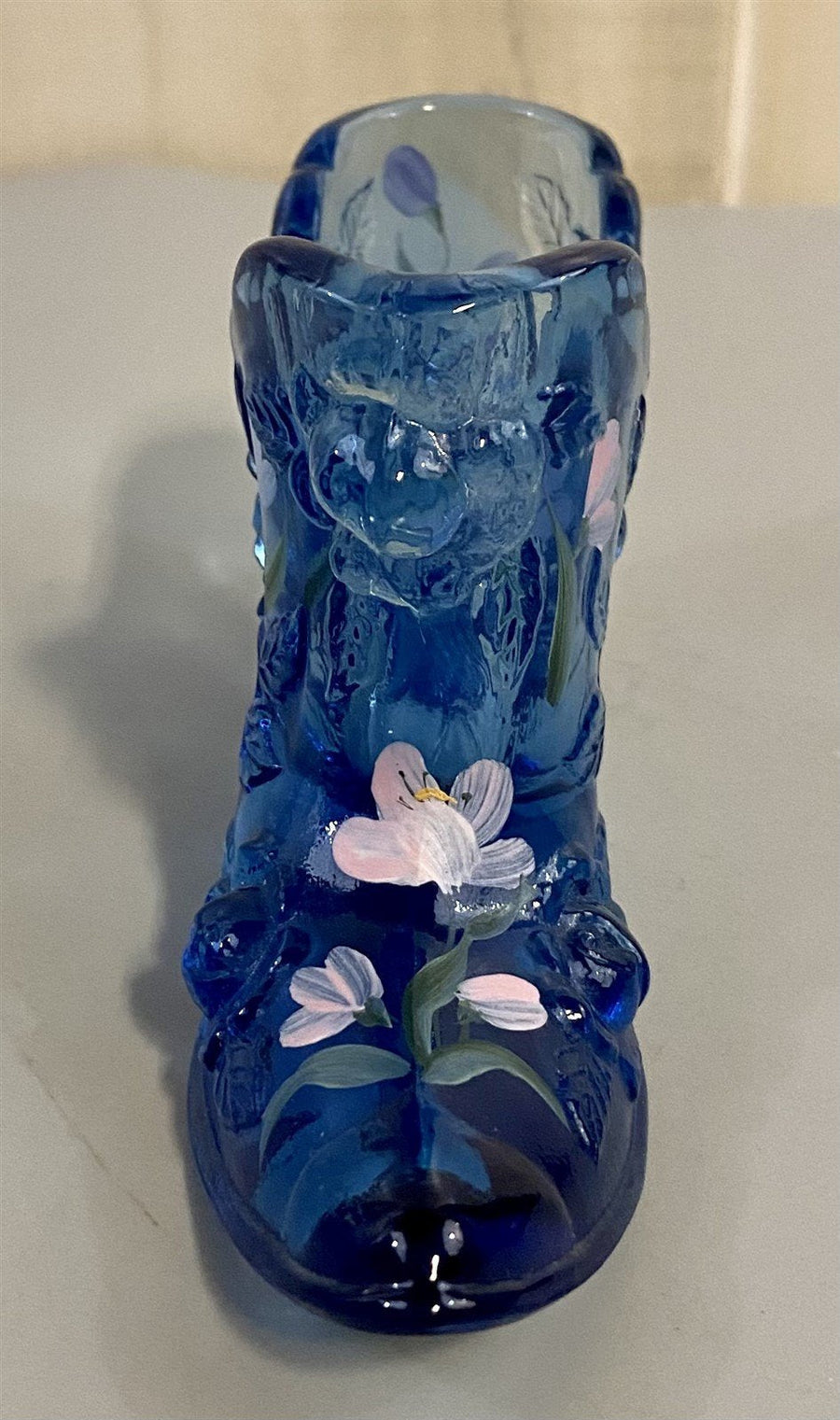1991 Vintage Fenton Cobalt Blue Glass Hand Painted Floral Design Decorative Shoe