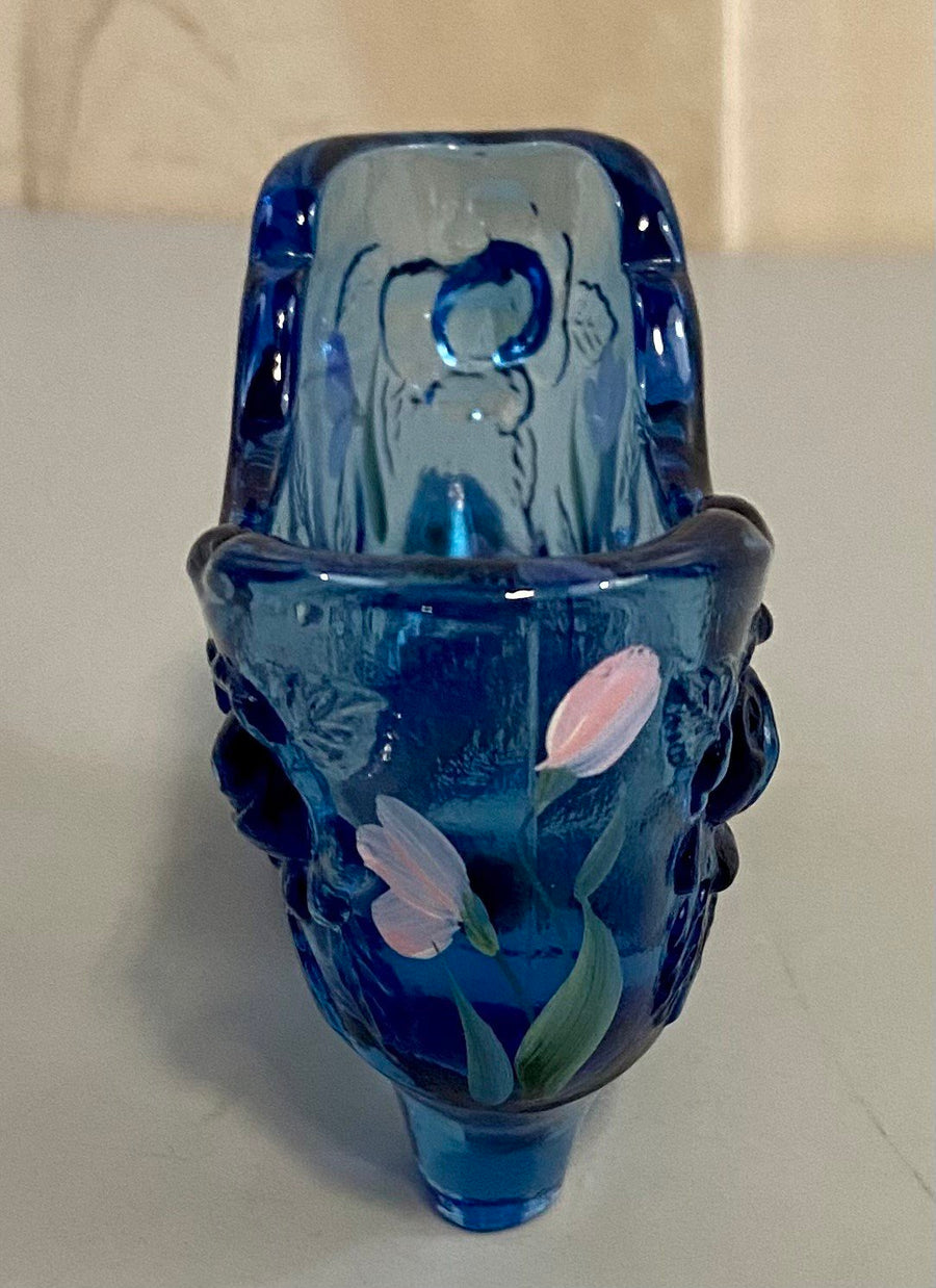 1991 Vintage Fenton Cobalt Blue Glass Hand Painted Floral Design Decorative Shoe
