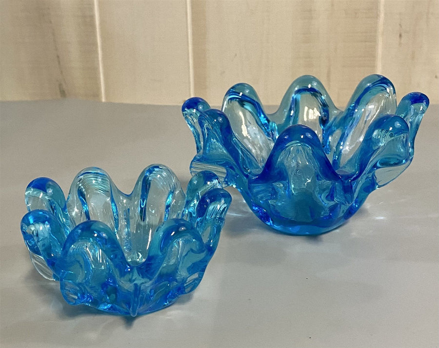 2 Vintage Cobalt Blue Murano Art Glass Splash Design Nesting Bowls / Dishes