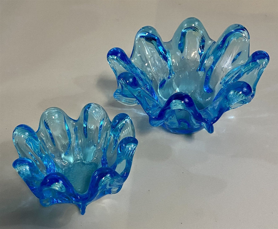 2 Vintage Cobalt Blue Murano Art Glass Splash Design Nesting Bowls / Dishes