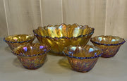 5pc. Vintage Iridescent Indiana Glass Harvest Gold Wild Rose Pattern Console Set