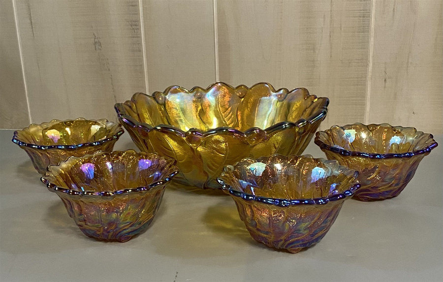 5pc. Vintage Iridescent Indiana Glass Harvest Gold Wild Rose Pattern Console Set