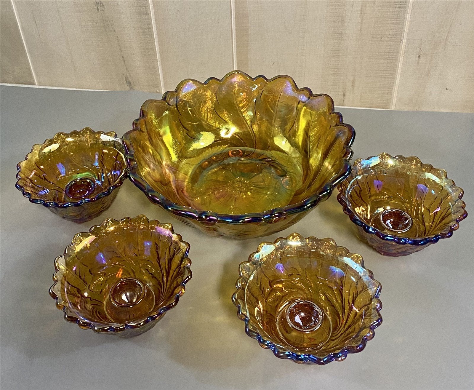 5pc. Vintage Iridescent Indiana Glass Harvest Gold Wild Rose Pattern Console Set