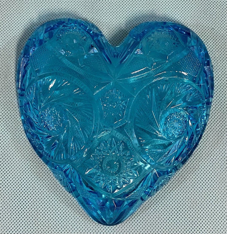 1960s Era RARE Blue Kemple McKee Glass Aztec Pattern Heart Shape Sawtooth Dish